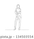 Hand-drawn woman in professional suit. Manual vector with editable paths. Career fashion sketch for business. 134503554