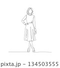Hand-drawn woman in summer dress. Manual vector with editable paths. Minimalist apparel sketch. 134503555