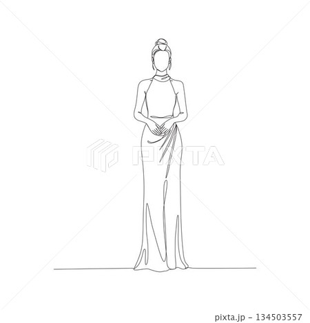 Hand-drawn woman in halter neck gown. Manual vector with editable paths. Luxury fashion sketch. 134503557