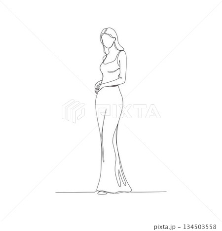 Hand-drawn woman in slim fit gown. Manual vector with editable paths. Minimalist fashion line art. Hand-drawn woman in slim fit gown. Manual vector with editable paths. Minimalist fashion line art. 134503558