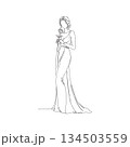 Hand drawn vector line art illustration of an elegant woman holding a rose, minimalist fashion outline with romantic feminine style. Manual vector with editable paths. Elegant fashion sketch illustrat 134503559