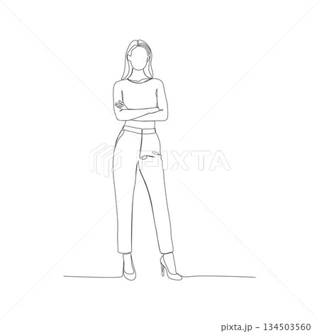 Hand-drawn woman in modern trousers. Manual vector with editable paths. Confident pose, minimalist fashion sketch Hand-drawn woman in modern trousers. Manual vector with editable paths. Confident pose, minimalist fashion sketch 134503560