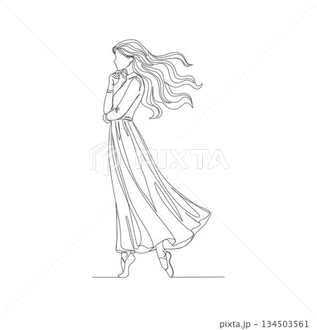 Hand-drawn woman in flowing dress. Manual vector with editable paths. Dynamic motion fashion illustration. 134503561