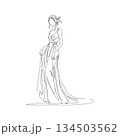 Hand-drawn luxury couture gown with train. Manual vector with editable paths. High fashion line art. 134503562