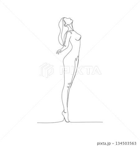 Hand-drawn woman side profile silhouette. Manual vector with editable paths. Simple elegant line art. 134503563