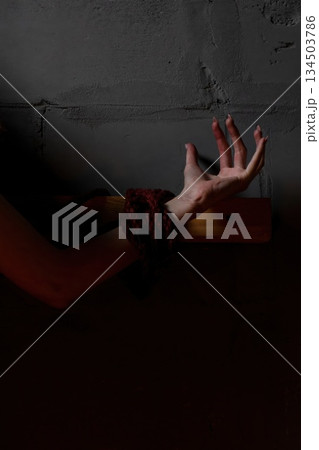 Woman's arm tied to a wooden beam with a red rope against a grey wall in low light Woman's arm tied to a wooden beam with a red rope against a grey wall in low light 134503786