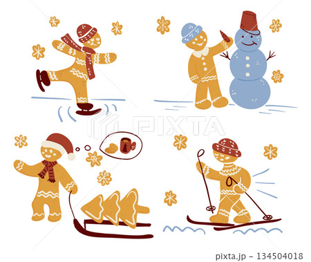 Hand drawn vector illustration set of gingerbread man characters enjoying winter activities like skating, skiing, sledding, and building a snowman. The image represents winter fun, holiday joy 134504018