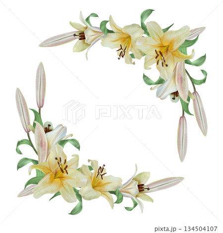 White lilies watercolor. Corner frames with a bouquet of pastel flowers. Hand drawn isolated illustration. Wedding invitations and birthday cards. Suitable for Valentines Day, Easter and funerals. 134504107