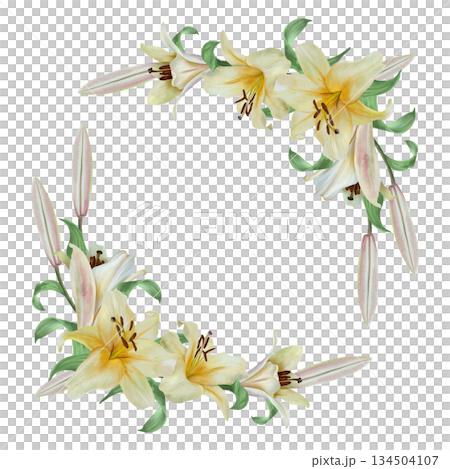 White lilies watercolor. Corner frames with a bouquet of pastel flowers. Hand drawn isolated illustration. Wedding invitations and birthday cards. Suitable for Valentines Day, Easter and funerals. 134504107