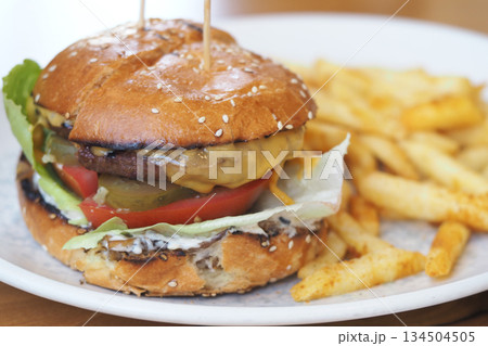Tasty burger with fries served on a plate at a restaurant Tasty burger with fries served on a plate at a restaurant 134504505