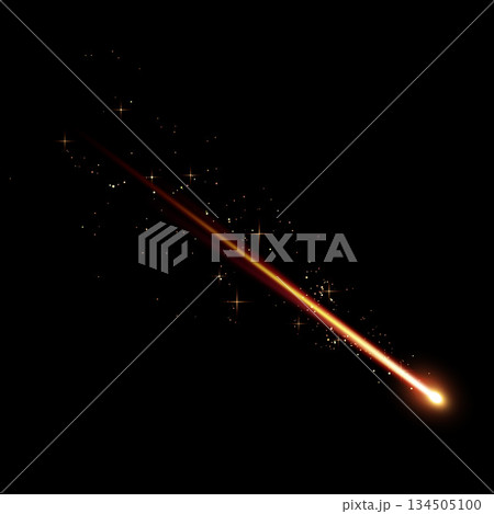 Falling burn star, asteroid with fire tail, realistic 3D vector flying light, meteor in space with golden light trail Falling burn star, asteroid with fire tail, realistic 3D vector flying light, meteor in space with golden light trail 134505100