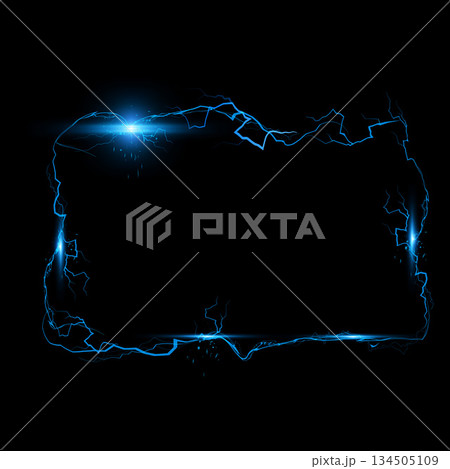 Thunderbolt blue lightning spark rectangle effect on black, bolt voltage border, electric energy beam burst vector frame Thunderbolt blue lightning spark rectangle effect on black, bolt voltage border, electric energy beam burst vector frame 134505109