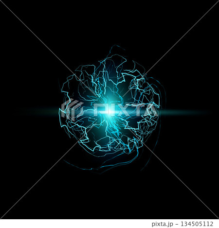 Thunderbolt blue sphere lightning spark effect on black, glowing energy fireball, magic burst rays, electric blast storm Thunderbolt blue sphere lightning spark effect on black, glowing energy fireball, magic burst rays, electric blast storm 134505112