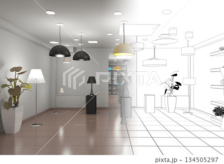 interior, exhibition hall, 3D illustration interior, exhibition hall, 3D illustration 134505297