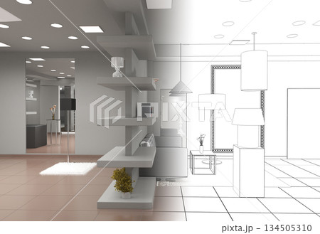interior, exhibition hall, 3D illustration interior, exhibition hall, 3D illustration 134505310
