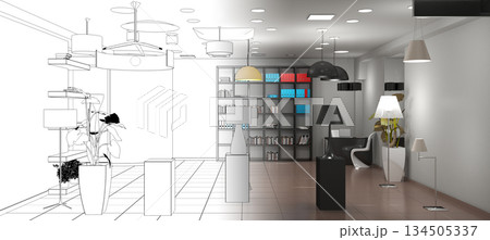 interior, exhibition hall, 3D illustration interior, exhibition hall, 3D illustration 134505337