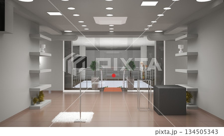 interior, exhibition hall, 3D illustration interior, exhibition hall, 3D illustration 134505343