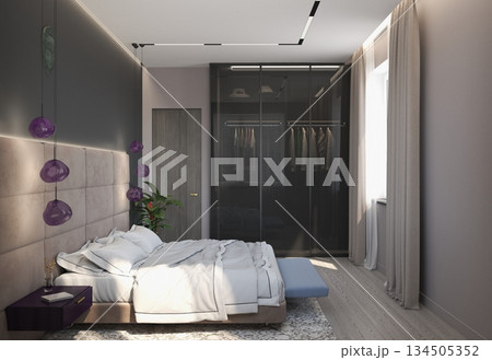 bedroom, interior visualization, 3D illustration 134505352