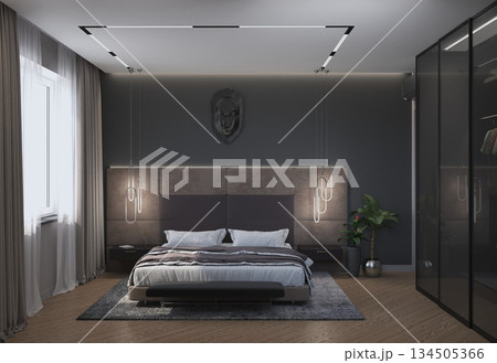 bedroom, interior visualization, 3D illustration 134505366
