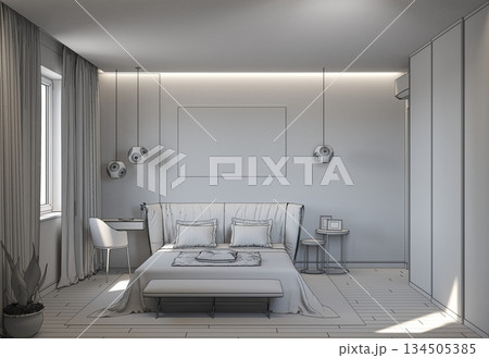 bedroom, interior visualization, 3D illustration 134505385