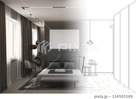 bedroom, interior visualization, 3D illustration 134505389