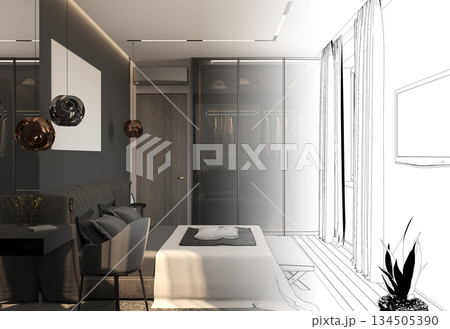 bedroom, interior visualization, 3D illustration 134505390
