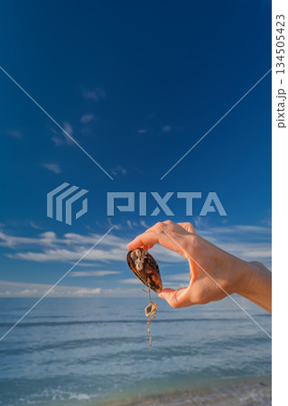 woman's hand holding an oyster shell in oil against the backdrop of the ocean and blue sky, a copy space about ocean pollution and environmental protection, vertical shot woman's hand holding an oyster shell in oil against the backdrop of the ocean and blue sky, a copy space about ocean pollution and environmental protection, vertical shot 134505423