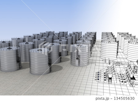 oil refinery, chemical production, waste processing plant, exterior visualization, 3D illustration, cg 134505630