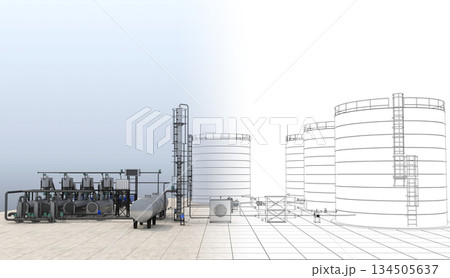 oil refinery, chemical production, waste processing plant, exterior visualization, 3D illustration, cg oil refinery, chemical production, waste processing plant, exterior visualization, 3D illustration, cg 134505637