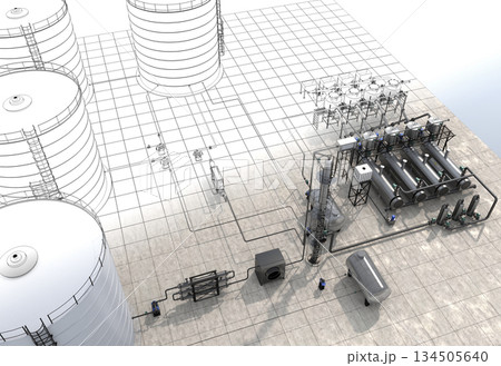 oil refinery, chemical production, waste processing plant, exterior visualization, 3D illustration, cg 134505640