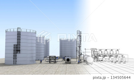 oil refinery, chemical production, waste processing plant, exterior visualization, 3D illustration, cg 134505644