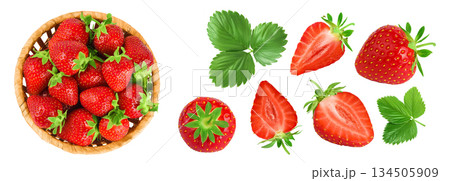 Strawberry in a wicker basket isolated on white background, Top view. Flat lay. 134505909