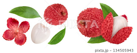lychee fruit isolated on white background with full depth of field. Top view. Flat lay 134505943