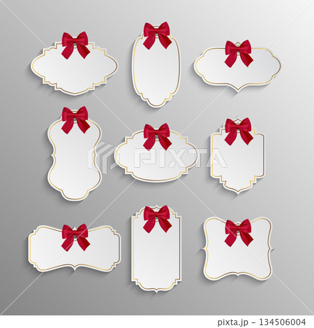 Vector Blank Gift Tag with Red Ribbon Bow. Ornate Frame Gift Tag Label, Vintage Decorative Hangtag with Gold Border and Shadow, Isolated Vector Gift Tag Template for Wedding Retail Branding 134506004