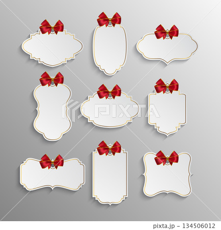 Vector Blank Gift Tag with Red Ribbon Bow. Ornate Frame Gift Tag Label, Vintage Decorative Hangtag with Gold Border and Shadow, Isolated Vector Gift Tag Template for Wedding Retail Branding Vector Blank Gift Tag with Red Ribbon Bow. Ornate Frame Gift Tag Label, Vintage Decorative Hangtag with Gold Border and Shadow, Isolated Vector Gift Tag Template for Wedding Retail Branding 134506012