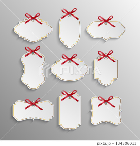 Vector Blank Gift Tag with Red Ribbon Bow. Ornate Frame Gift Tag Label, Vintage Decorative Hangtag with Gold Border and Shadow, Isolated Vector Gift Tag Template for Wedding Retail Branding 134506013