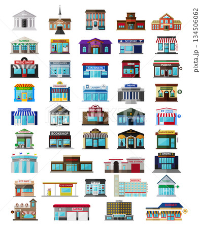 Storefront and Public Building Icons Set. Colorful 3d Vector Set of City Buildings, Shops, Services. Market, Bank, Hotel, Hospital, Various Retail Building Illustrations for Maps, Urban Design Storefront and Public Building Icons Set. Colorful 3d Vector Set of City Buildings, Shops, Services. Market, Bank, Hotel, Hospital, Various Retail Building Illustrations for Maps, Urban Design 134506062
