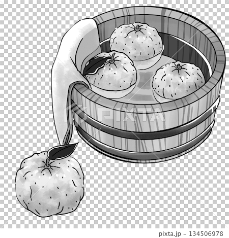 ゆずと木桶_モノクロ ゆずと木桶_モノクロ 134506978