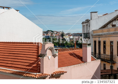 old historic buildings with red tiled roofs in lisbon old historic buildings with red tiled roofs in lisbon 134507321