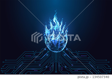 Futuristic glowing fire sphere on circuit board, energy and heat technology vector 134507340