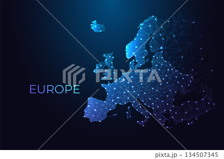 Europe digital map with glowing network nodes and modern typography, vector illustration. 134507345