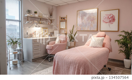 interior design for a beauty or spa treatment room. Features a pink-covered bed, modern artwork, plants, light walls, creating a calm, luxurious, and tranquil atmosphere for skincare and wellness. interior design for a beauty or spa treatment room. Features a pink-covered bed, modern artwork, plants, light walls, creating a calm, luxurious, and tranquil atmosphere for skincare and wellness. 134507564