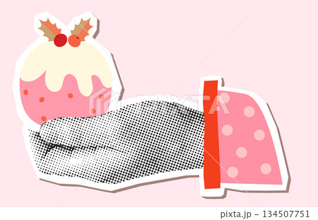 Halftone hand collage with pink Christmas pudding, cute vector pie with leaves for holiday designs Halftone hand collage with pink Christmas pudding, cute vector pie with leaves for holiday designs 134507751
