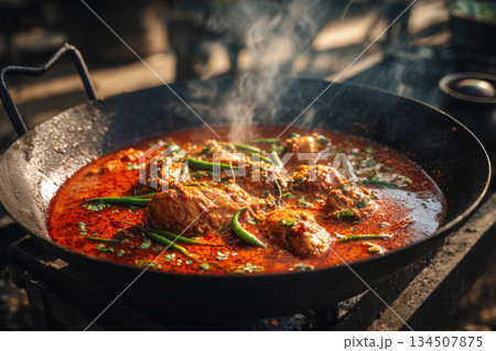 flavorful and intensely spicy chicken curry (tari or salan) bubbling and steaming in a traditional black wok or kadai over an outdoor fire, showcasing authentic South Asian food culture and cooking. 134507875