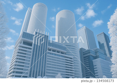 JR名古屋駅　名古屋高島屋　高層ビル群　　雪景色 134508173