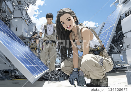 太陽光発電設備を設置する女性技術者 笑顔で働くクリーンエネルギーの現場 134508675