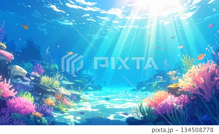 輝く水面から差し込む光のシャワーと生命の息吹:透明感あふれる海底のサンゴ礁を描いたイラスト 輝く水面から差し込む光のシャワーと生命の息吹:透明感あふれる海底のサンゴ礁を描いたイラスト 134508778