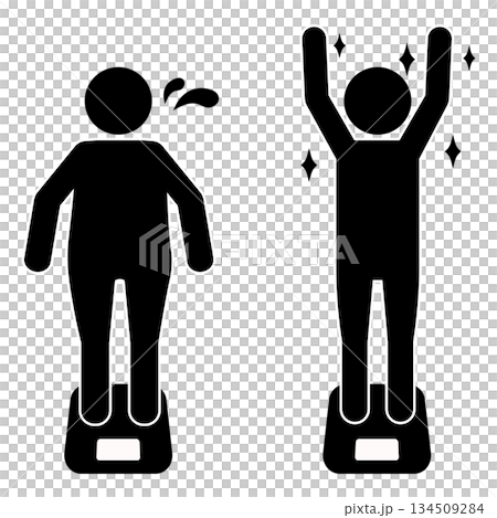 体重計に乗る太った人と痩せて喜ぶ人のビフォーアフターシルエット 134509284