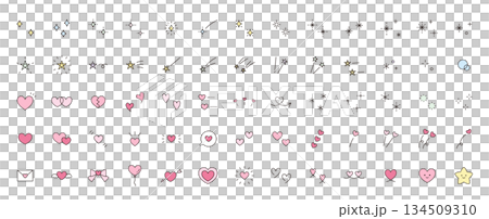 一組閃光、心形和星形圖示的向量插圖。 一組閃光、心形和星形圖示的向量插圖。 134509310