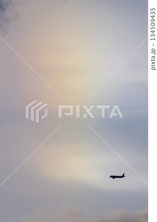 夕暮れの仙台空港　離陸中の飛行機　宮城県名取市 134509435